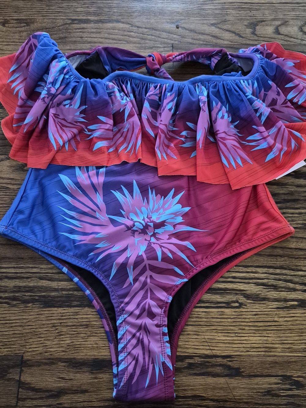 B FYNE Ruffle Off Shoulder High Waist Tropical Floral Bikini Set Purple Red L